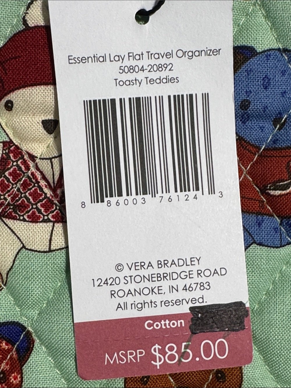 Vera Bradley Lay Flat Mint Toasty Teddy Bear Quilted Travel Orgainizer - Picture 3 of 8